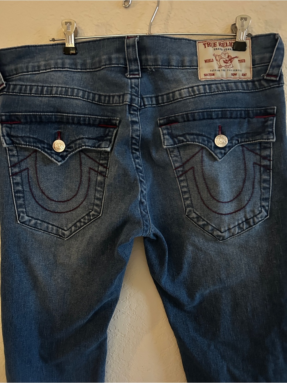 Men’s True Religion Men’s Blue Slim Straight Jeans with Red Stitching
